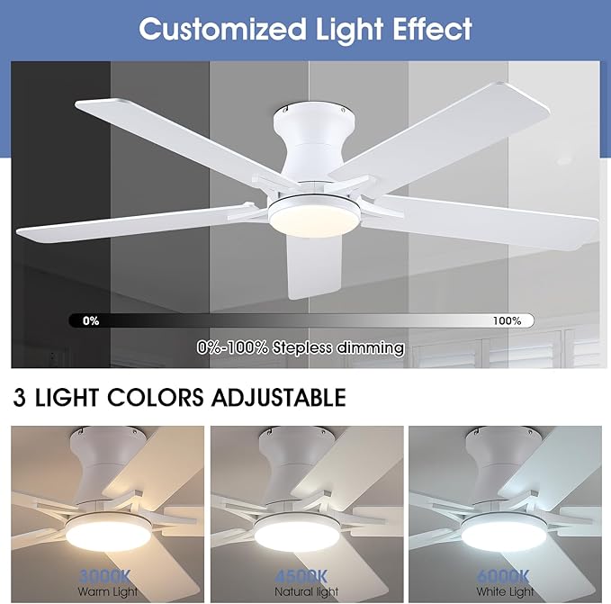 52" White Low Profile Ceiling Fans with Lights,Modern Flush Mount Ceiling Fans with Reversible DC Motor,Dimmable 3 Colors 6 Speeds