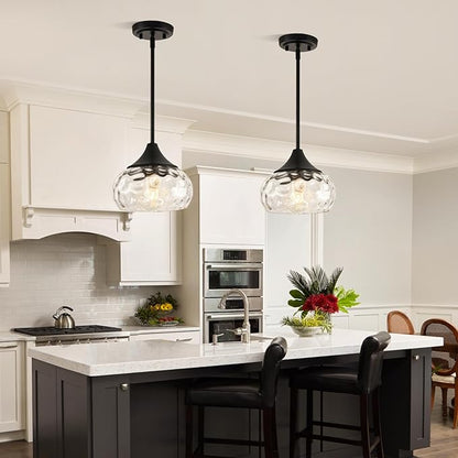 Modern Pendant Lights Kitchen Island, Matte Black Pendant Light Fixtures with 8.5" Clear Hammered Glass Shade, Industrial Hanging Pendant Lights Fixture for Kitchen Island Dining Room Entryway 1 Pack