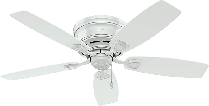 Hunter 48 inch Outdoor or Indoor Ceiling Fan No Light - Low Profile Flush Mount, White Ceiling Fan without Light, For Patio, Porch, Garage, or Living Room, 5 Blades, Pull Chain - Sea Wind 53119, White