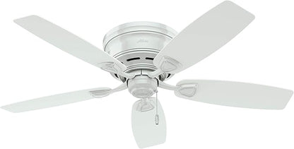 Hunter 48 inch Outdoor or Indoor Ceiling Fan No Light - Low Profile Flush Mount, White Ceiling Fan without Light, For Patio, Porch, Garage, or Living Room, 5 Blades, Pull Chain - Sea Wind 53119, White