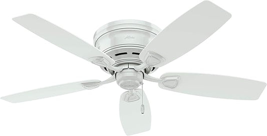 Hunter 48 inch Outdoor or Indoor Ceiling Fan No Light - Low Profile Flush Mount, White Ceiling Fan without Light, For Patio, Porch, Garage, or Living Room, 5 Blades, Pull Chain - Sea Wind 53119, White