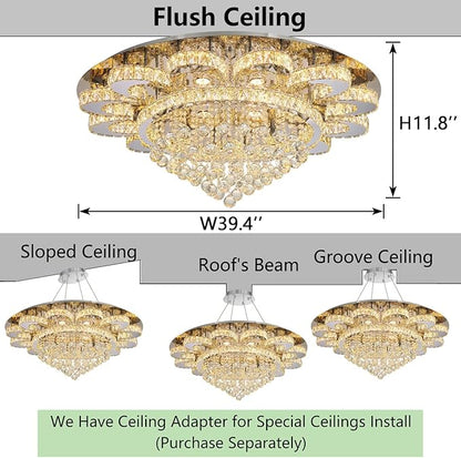 HAIXIANG Modern Chandelier Living Room Light Glam Chandeliers Ceiling Light Fixture Remote Dimmable Lights 40 Inches Luxury Crystal Silver Dining Room Lights