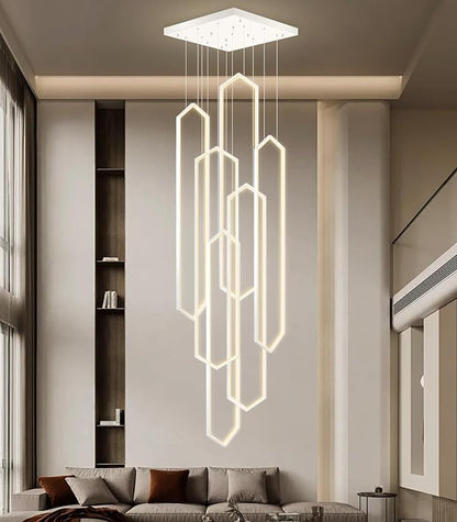 6-Rings Modern Chandelier White Large Contemporary LED Dimmable Light for Living Room Entrance High Ceiling Chandeliers with Remote Control for Villa Foyer