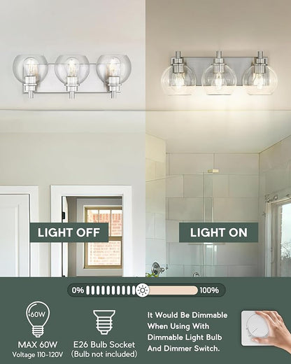 Bathroom Light Fixtures, 3-Light Brushed Nickel Vanity Light, Modern Wall Sconces with Globe Clear Glass Shade, Vanity Lighting Fixtures Over Mirror, VL195-BN-CL-3