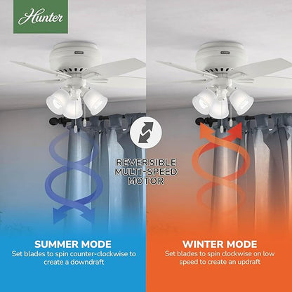 Hunter 42 inch Indoor Ceiling Fan with LED Lights - White Ceiling Fan with Pull Chain, For Bedroom or Living Room, Low Profile Flush Mount, No Remote, 5 Blades - Newsome 51077, Fresh White