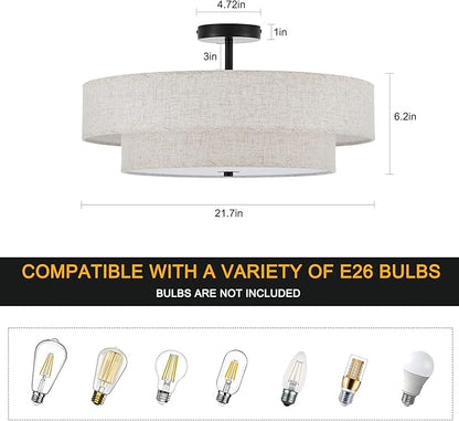 Modern Semi Flush Mount Ceiling Light 21.7" Modern Black 4-Lights Drum Ceiling Lighting Fixture Vintage Linen Golden Ceiling Lamp for Laundry Room, Kitchen, Living Room, Dining Room, Bedroom