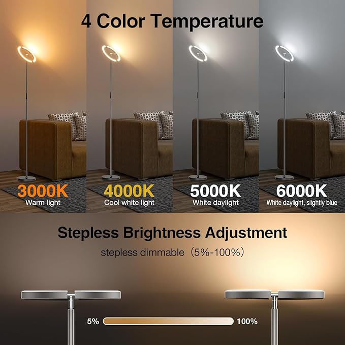SIBRILLE Gunmetal Gray LED Floor Lamp - Rotatable Standing Lamp for Living Room Bedroom, 22W Dimmable Floor Readig Light with Touch/Remote Control, Modern Corner Lamp for Office, Brightness Adjustable