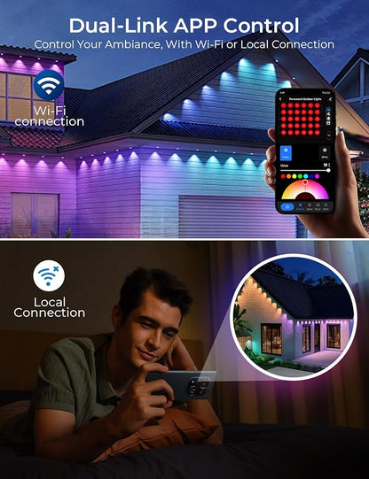 CINOTON Permanent Outdoor Lights 150ft, Smart RGBW+IC Eaves Lights with 90LEDs, IP67 Waterproof, 111 Scene Modes for Daily and Festival, Halloween Christmas Holiday Decor, APP/Voice/Remote Control