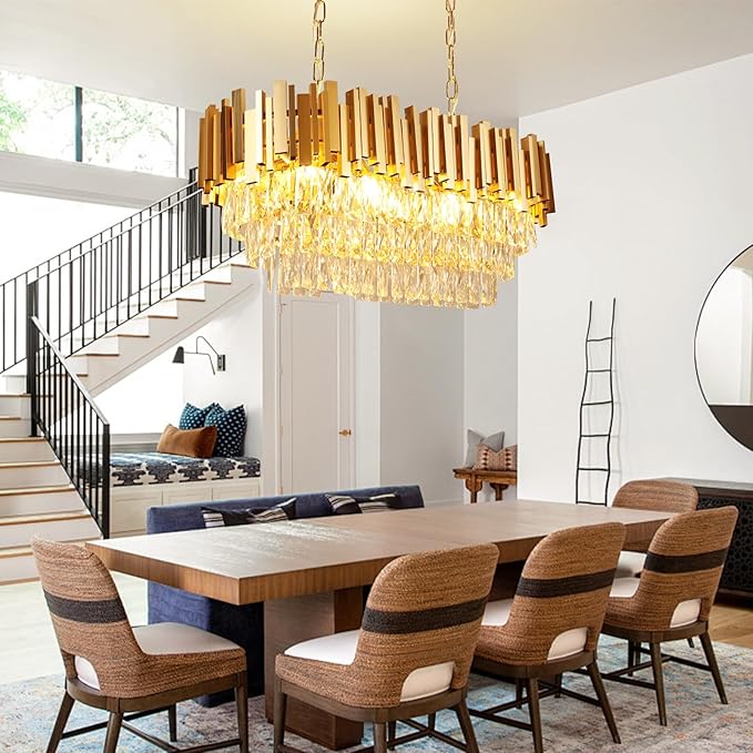 Depuley 31" Crystal Rectangle Chandelier: 3-Tier Gold Glass Crystal Chandelier Island Light Fixtures for Dining Room - 8-Light Linear Pendant Light for Kitchen Island Included Bulbs