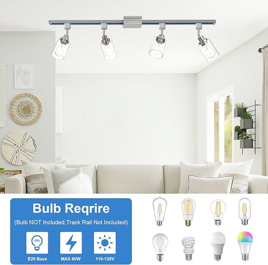 4 Pack H Track Lighting Replacement Heads Brushed Nickel Ceiling Track Lighting Fixtures with Clear Glass Shades, H Type Track Light Heads E26 Base Spotlight for Retail Shop Kitchen Island