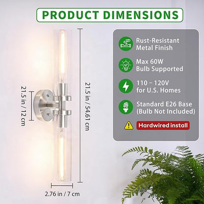 Wall Sconces 2-Pack, Hardwired Bathroom Light Fixtures, Modern Farmhouse Vanity Wall Lighting with Clear Glass Shades, E26 Base Wall Sconce Wall Lights for Bathroom Wall Decor, Brushed Nickel