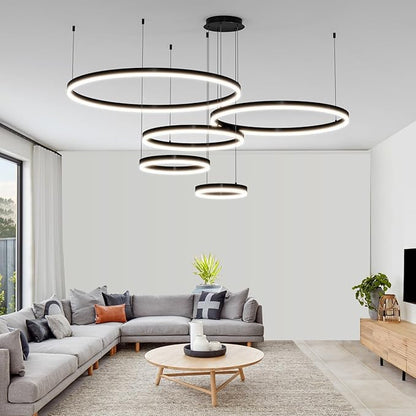Mikeru Modern 5 Ring Chandelier Light, LED Pendant Light Fixtures with Remote Control 3000k-6500K Adjustable Color Temperature Light for Living Room, Kitchen (11.8+15.7+23.6+31.5+39.5in)