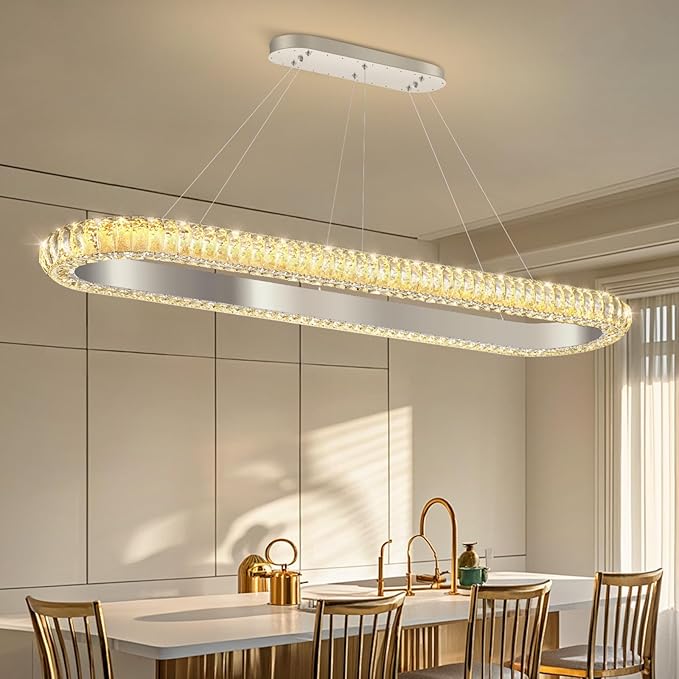 47'' Oval Ring Crystal Chandelier Modern LED Dimmable Ring Pendant Light Chandelier for Dining Room Living Room Silver