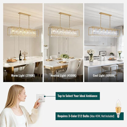 Siljoy Modern Crystal Chandelier, 7 Lights Rectangular Gold K9 Crystal Raindrop Chandelier, Luxury Rectangle Chandelier Light Fixture for Dining Room Living Room Kitchen Island L47'' x W11'' x H12''
