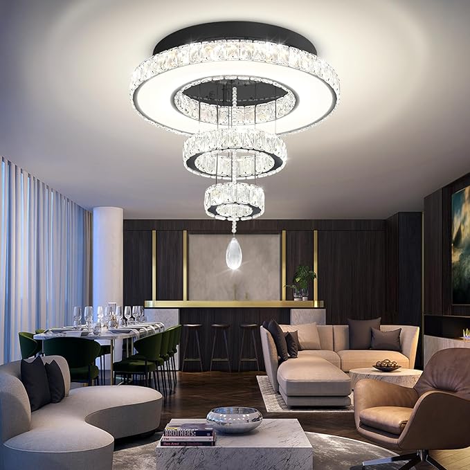Flashing God Dia 20" Crystal Chandeliers Black Modern Living Room Chandelier LED Crystal Ceiling Light Flush Mount Chandelier for Bedroom Dining Room Entryway