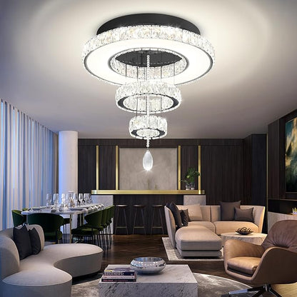 Flashing God Dia 20" Crystal Chandeliers Black Modern Living Room Chandelier LED Crystal Ceiling Light Flush Mount Chandelier for Bedroom Dining Room Entryway