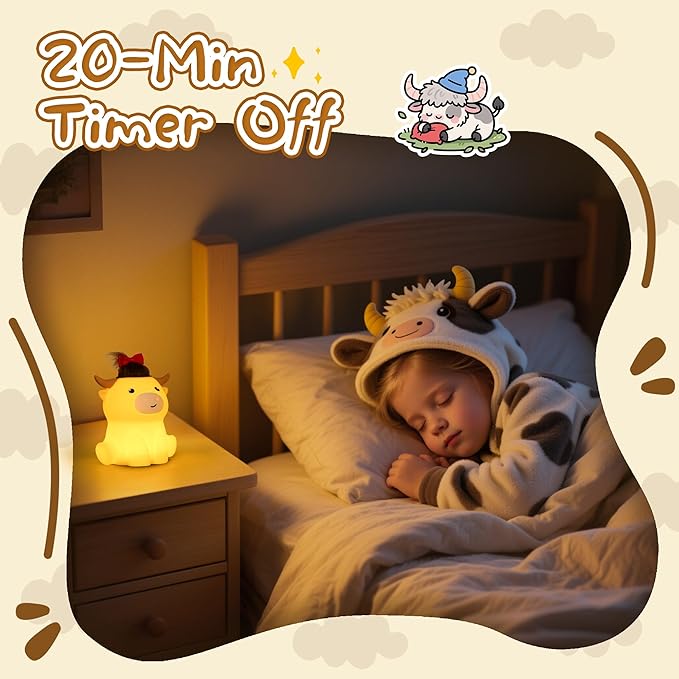 YuanDian Highland Cow Night Light, Squishy Silicone Lamp. Rechargeable, Dimmable with Timer, Touch Control for Bedside, Gift Nightlight for Breastfeeding Toddler Baby Kids (No Accessories Included)