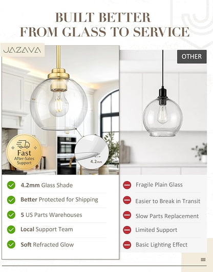 Modern Polished Gold Pendant Light, Mid Century Globe Hanging Light Fixture with Clear Glass for Kitchen Island Dining Room Bedroom Hallway Foyer (2 Pack), PL101BG-2PK