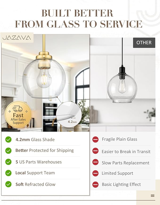 Modern Polished Gold Pendant Light, 7Inch Mid Cenrury Globe Hanging Light Fixture with Clear Glass for Kitchen Island Dining Room Bedroom Hallway Foyer (1 Pack), PL101BG