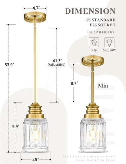 Brushed Gold Pendant Lights Kitchen Island 2 Pack, HWH 6 Inch Hanging Lights Fixtures with Bell-Shaped Fluted Clear Glass, Modern Kitchen Island Lighting, 5HZG106MIL-2L BG