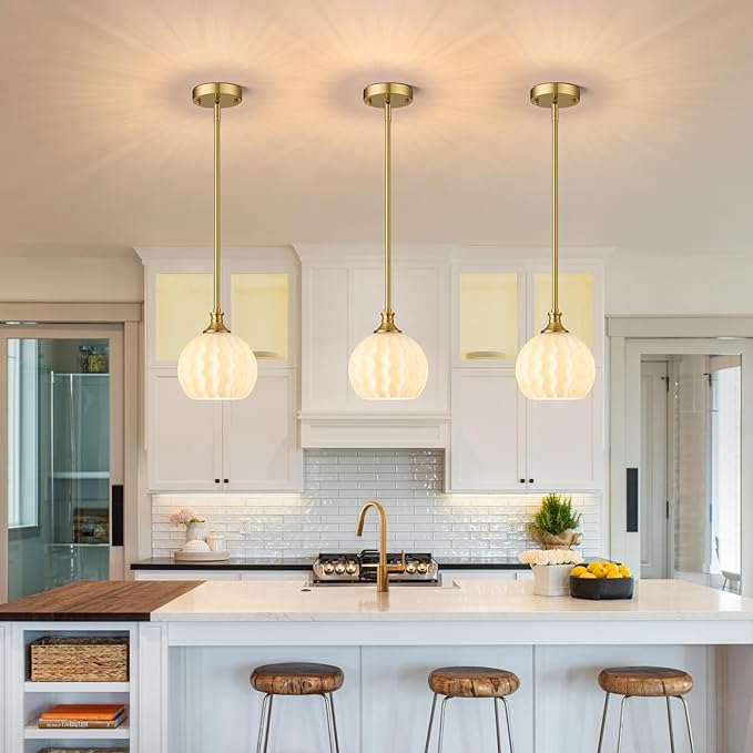 Brushed Gold Pendant Lights Kitchen Island 2 Pack, 7.3" Modern Pendant Light Fixtures with Frosted Milk Glass Shade, Globe Hanging Lighting for Kitchen Sink Bathroom Hallway, E26 Base