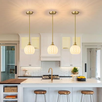 Brushed Gold Pendant Lights Kitchen Island with Frosted Milk Glass Shade, 7.3" Modern Single Pendant Light Fixtures Adjustable Height Hanging Lighting for Kitchen Sink Bathroom Hallway