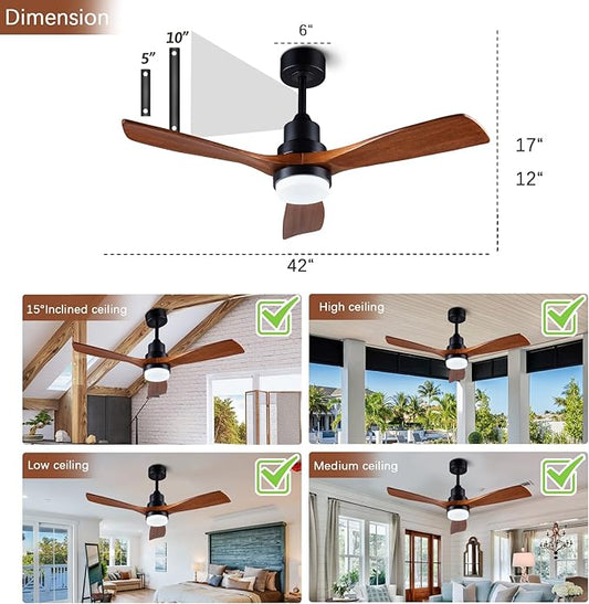 42" Ceiling Fans [with Lighting Remote Control], Indoor Outdoor Modern Wooden Ceiling Fan [with 3 Solid Wood Blades] for Kids' Rooms, bedrooms, Offices and More.…