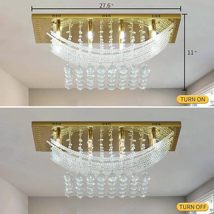 Modern Chandelier Crystal Chandelier Flush Mount Chandelier Gold Rectangle Crystal Raindrop Chandelier 8 Lights Ceiling Light Fixture Pendant Lamp for Kitchen Island Dining Room Closet Wedding Decor