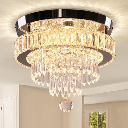 Finktonglan 11.8" Crystal Chandeliers, Modern Crystal Ceiling Light LED Small Chandeliers Semi Flush Mount Chandelier Room Light for Bedrooms Living Room Hallway (2700K Warm Light)