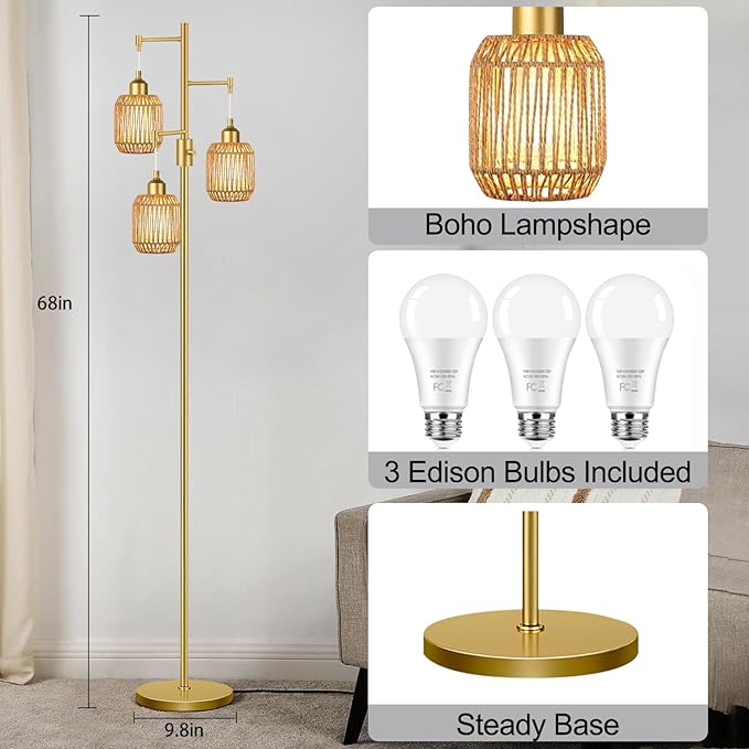 ZECOXOL Boho Floor Lamp for Living Room Bedroom-3 Light Dimmable Floor Lamp with Three Led Bulb, Rustic Tall Lamp Black Standing Lamp Tree Floor Lamps for Living Room