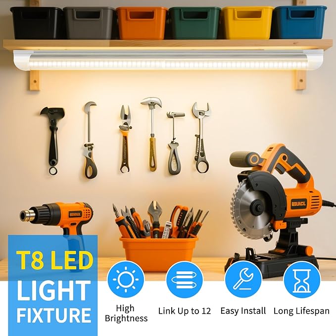 CNSUNWAY 2FT LED Shop Light, 22W 3000K Warm White, T8 LED Tube Light, Ceiling and Utility Shop Lights, Linkable Under Counter Lights for Kitchen, Garage, Workbench, Basement, ETL Listed (Pack of 6)