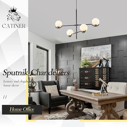 CATINER Black Sputnik Chandelier, Modern 4 Lights L31 '' Large Mid Century Long Ceiling Pendant Light Fixtures with Milk Glass Globe Shades for High Ceiling Living Dining Room Foyer Bedroom