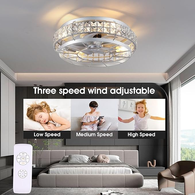 SHIHOT 18" Low Profile Crystal Ceiling Fans with Lights and Remote, Modern Flush Mount Fan, Reversible, 3-Speed, Quiet, Caged Ceiling Fan for Bedroom(Bulbs not included)
