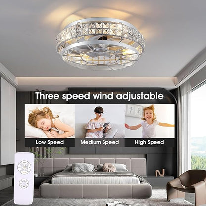 SHIHOT 18" Low Profile Crystal Ceiling Fans with Lights and Remote, Modern Flush Mount Fan, Reversible, 3-Speed, Quiet, Caged Ceiling Fan for Bedroom(Bulbs not included)