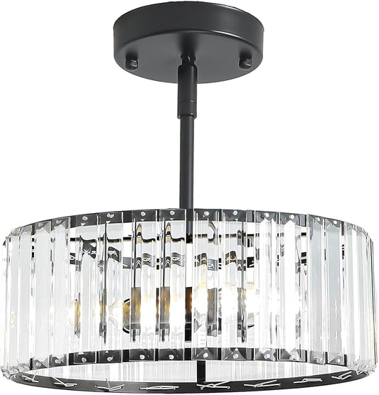 Black Crystal Chandelier for Dining Room,Modern Semi Flush Mount Ceiling Light Fixtures,3-Ligh Round Kitchen Hanging Drum Pendant Light Fixture for Hallway Entryway Foyer Laundry Room, 12''