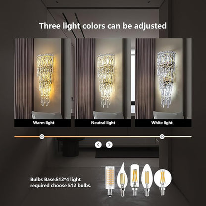 Modern K9 Crystal Wall Sconce, Gold Finish Wall Light Fixture, Acrylic Crystal Drops Wall Lamp Bedside Light 3 Tiers Crystal Wall Lamp for Bedroom Living Room，E12 Base