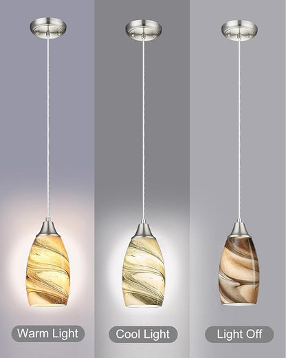karyfine Mini Pendant Lights Kitchen Island Light Brown Glass Lamp Shade Hand Blown Glass Pendant Light with Brush Nickel Finish Adjustable Cord for Kitchen Over Sink, Dining Room (Light Brown-3P)