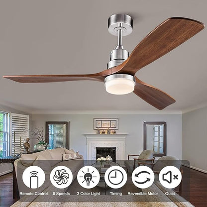 52 Inch Brushed Nickel Ceiling Fans with Lights and Remote Control, Dimmable, Modern Ceiling Fan Light, 3 Blades, 6 Speed DC Motor, Indoor Outdoor Ceiling Fan for Farmhouse,Bedroom