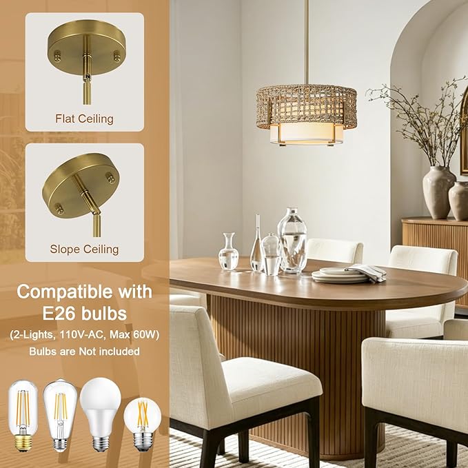 12.6" Rattan Pendant Light, 1-Light Boho Chandelier Light Fixture with Fabric Shade, Wicker Hanging Ceiling Lighting Fixture for Dining Room, Living Room, Kitchen Island, Bedroom, Hallway, Foyer