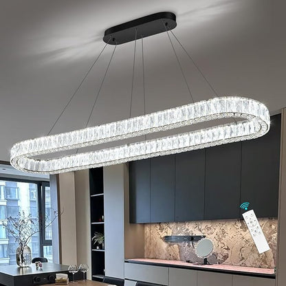 HAIXIANG Crystal 59 Inch Long Chandelier Modern Dimmable LED Chandeliers for Dining Table Pendant Lights Rectangular Glam Lighting Fixtures for Dining Room Kitchen Island Black