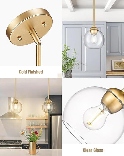 Emak Modern 7 Inch Globe Pendant Lights, Industrial Gold Pendant Light Fixtures, 1-Light Hanging Lights with Clear Glass Shade for Kitchen Island, Bedroom, Bathroom, Dining Room, Hallway, PL119-GD