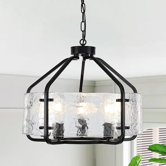 Luupyia 20 Inches Black Glass Drum Chandelier, 5Lights Modern Glass Chandelier, Height Adjustable Drum Chandeliers Crystal Pendant Light Over Dining Room Table Kitchen Entryway Chandeliers for Foyer