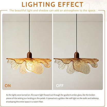 15.75" Large Flower Petal Adjustable Hanging Ceiling Light, Amber Glass Pendant Light Mid-Century Modern Wood & Metal Pendant Lamp for Dining Room Kitchen Island