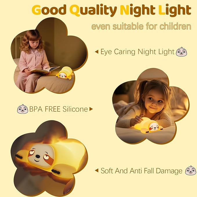 YR YRHH-PET Cute Sloth Gifts Night Light, Funny Sloth Lamp, Rechargeable Squishy Dimmable Weird Nightlight, LED Novelty Animal Cute Stuff, Room Dorm Décor, Silicone Touch Light Up Sloth for Baby Kids
