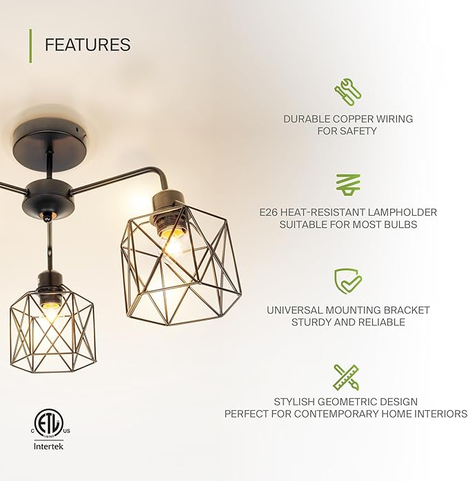 ASD Black Chandelier Semi Flush Mount Ceiling Light Fixture- 3xE26 120V ETL Modern Light Fixtures Ceiling Mount, Semi Flush Mount Chandelier for Entryway, Bedroom, Foyer Lighting Fixtures