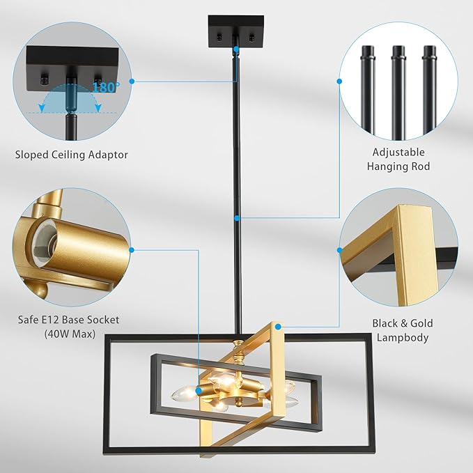 XINGQI 22" Modern 5-Light Black and Gold Geometric Pendant Lighting Fixture Farmhous Chandeliers for Dining Room Bedroom Living Room Kitchen Island Entry Foyer Office