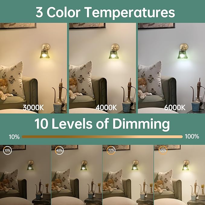 Shenmoyl Vintage Battery Operated Wall Sconces Set of Two, Wireless Battery Powered Rose Wall Sconce with Remote Control, RGB Dimmable LED Wall Light for Bedside Bathroom Living Room (Green)