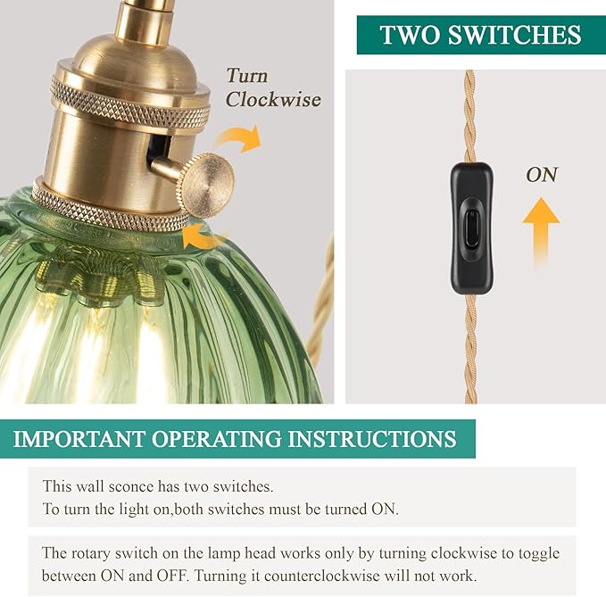 Plug-in Wall Sconce (Set of 2), Vintage Wall Decorative Lamp with Green Glass Shade, Indoor Plug-in Wall Sconce for Bedroom, Living Room, Bathroom, Hallway
