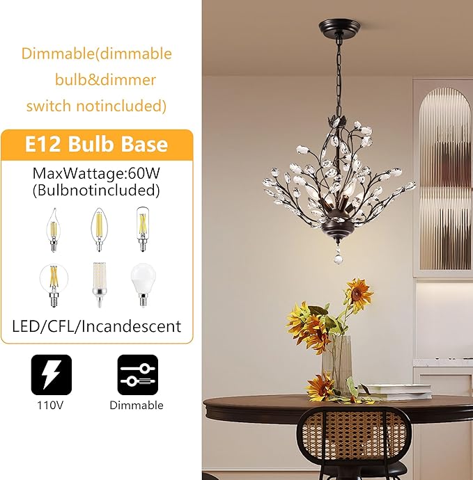 Maxax 18" Black Crystal Chandelier, 4-Light Vintage Branch Pendant Light Fixture, Modern K9 Raindrop Ceiling Light with Adjustable Chain for Dining Room Bedroom Foyer, E12 Base