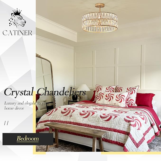 CATINER Modern Crystal Chandelier for Dining Room Gold Semi Flush Mount Ceiling Light Fixtures 18” Large Round Crystal Pendant Lighting for Foyer Bedroom Living Room